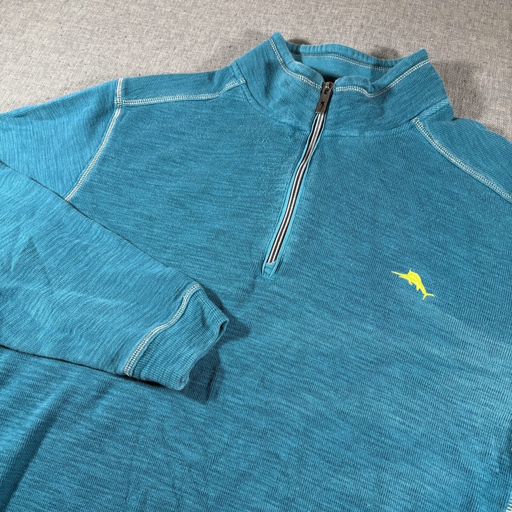 Tommy Bahama Quarter Zip Pullover Mens XL Blue Slub Knit Pima Cotton Tencel